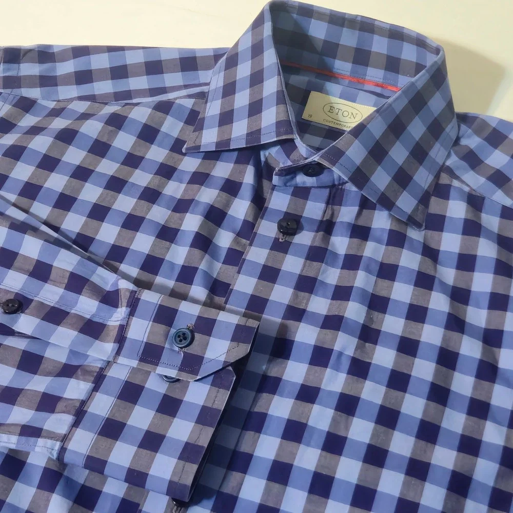 Eton Dress Shirt Mens 15.5 Blue‎ Gingham Check Contemporary Fit Long Sleeve M